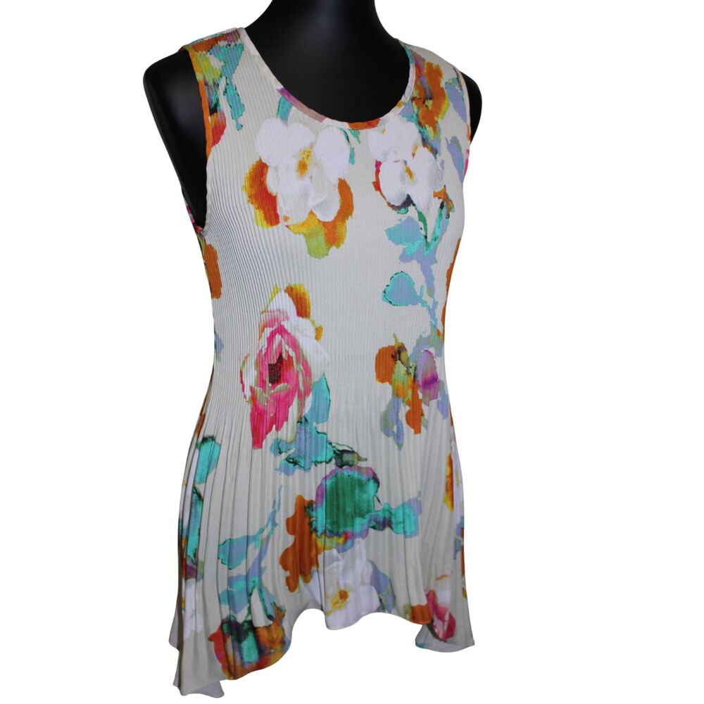 Pastel Green Floral Flowy Boho Pleated Tunic Tank Top Size M